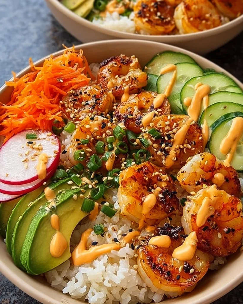 Shrimp rice bowls topped with spicy mayo and fresh vegetables