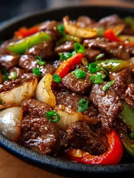 Sizzling Chinese pepper steak with onions served on a plate.