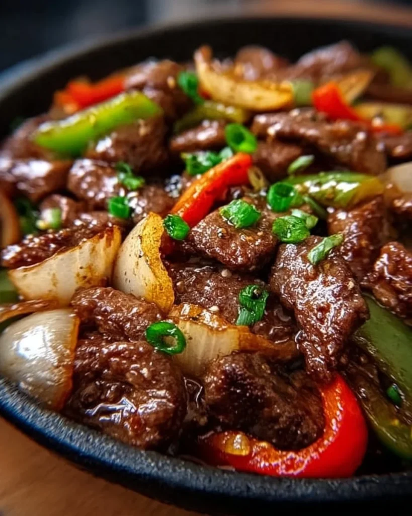 Sizzling Chinese pepper steak with onions served on a plate.
