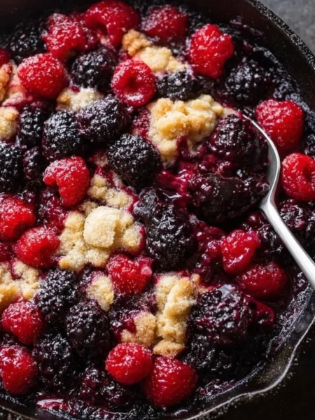 Delicious Skillet Berry Cobbler topped with fresh berries in a cast-iron skillet