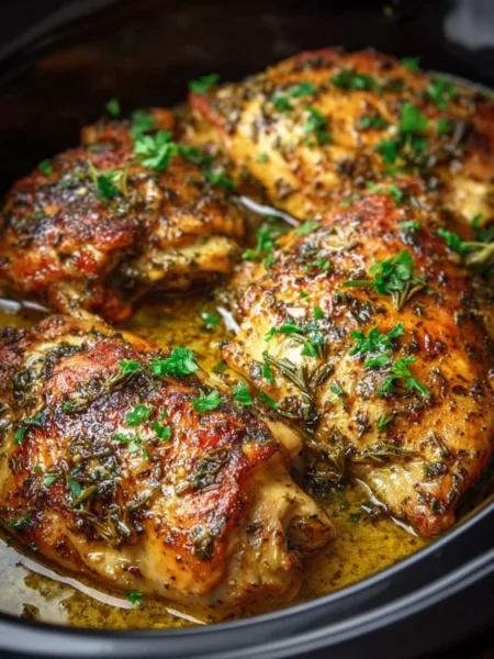 Delicious slow cooker garlic butter chicken served with herbs