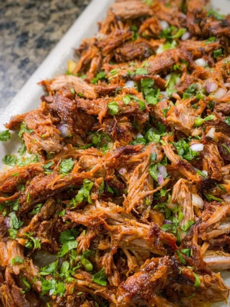 Slow cooker pork carnitas served with toppings in a bowl