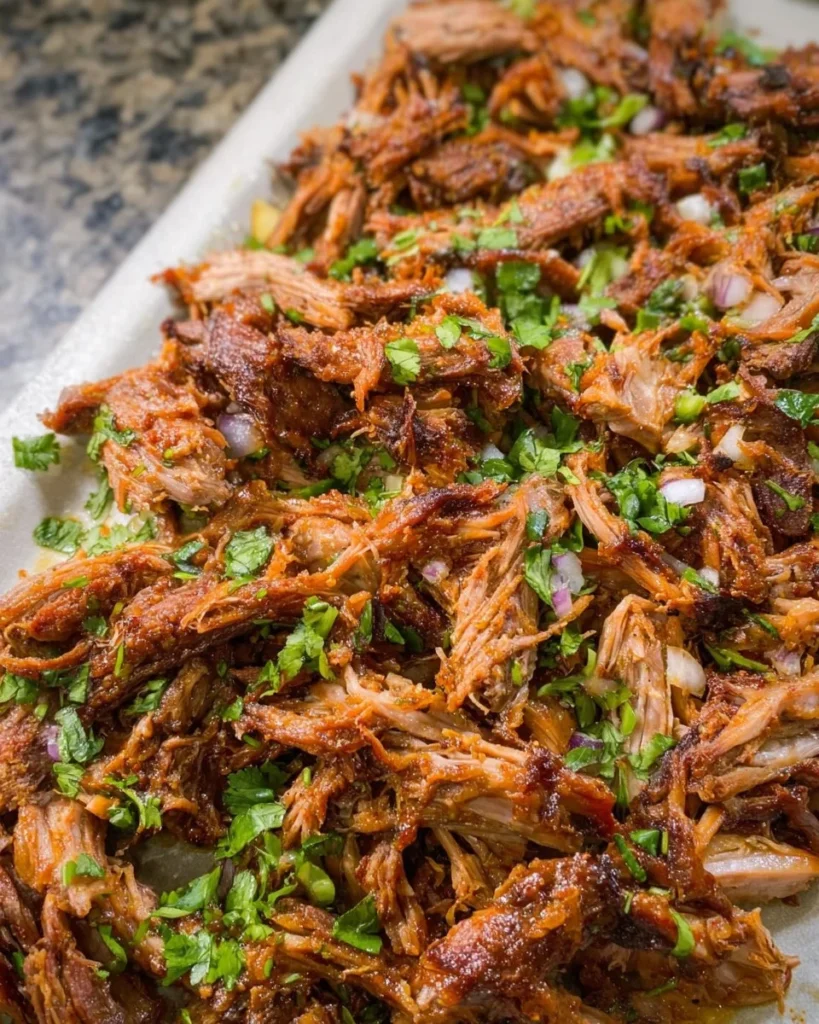 Slow cooker pork carnitas served with toppings in a bowl