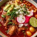Bowl of Slow Cooker Red Mexican Pozole garnished with radishes and cilantro