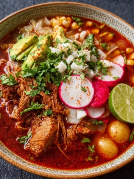 Bowl of Slow Cooker Red Mexican Pozole garnished with radishes and cilantro