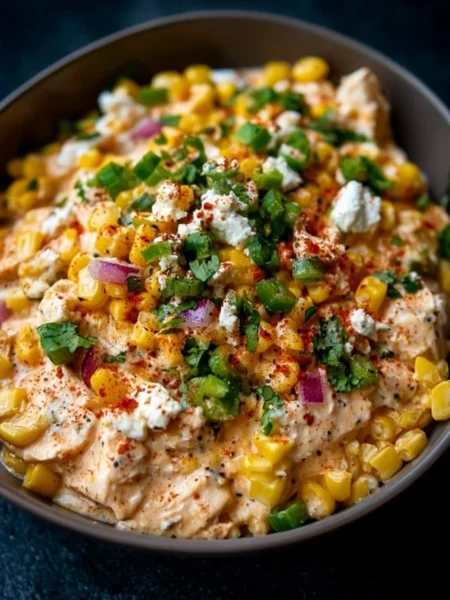 Delicious slow cooker street corn chicken served in a bowl