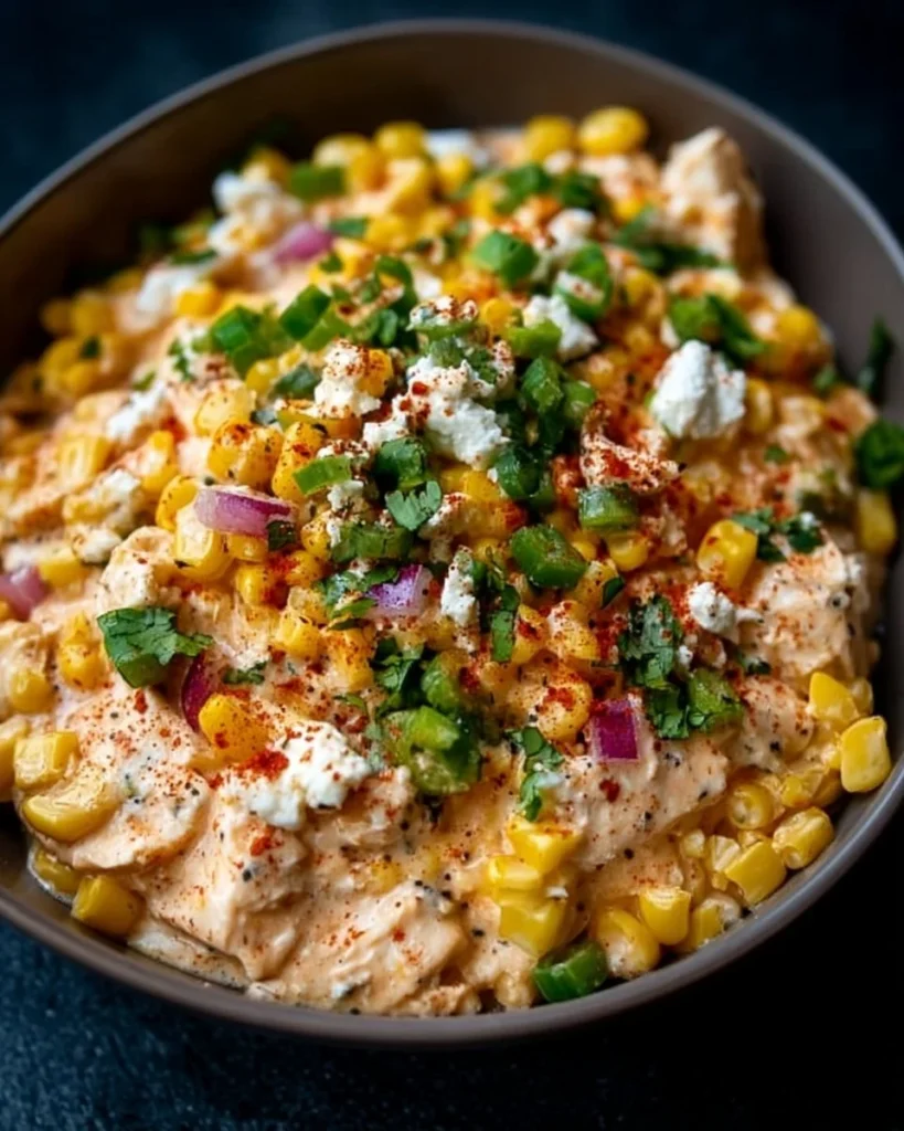 Delicious slow cooker street corn chicken served in a bowl