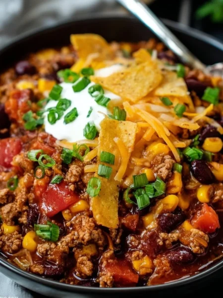 Delicious slow cooker taco casserole served in a bowl with toppings