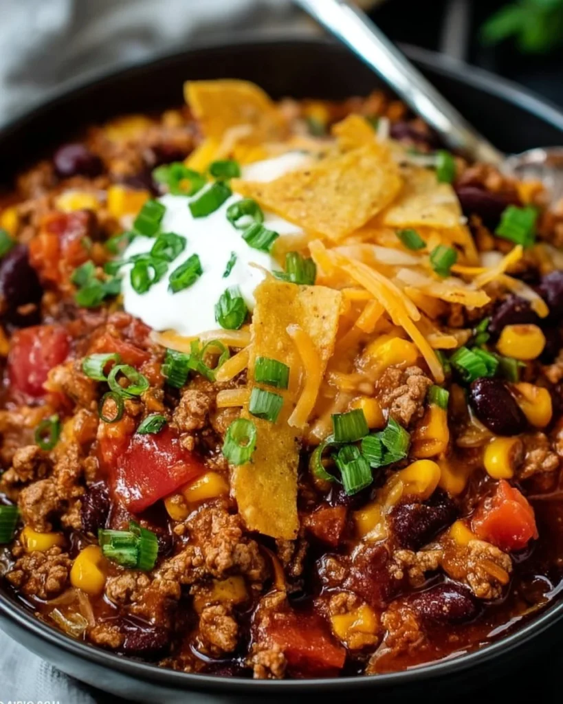 Delicious slow cooker taco casserole served in a bowl with toppings