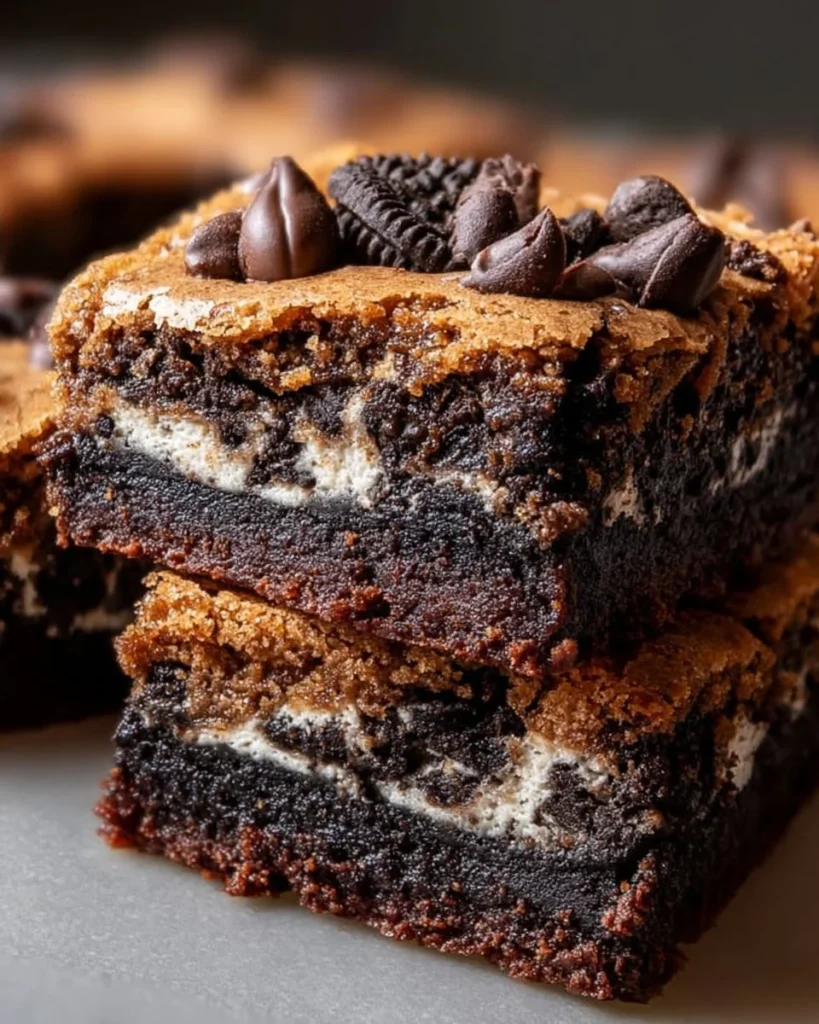 Decadent slutty brownies with layers of cookie dough, Oreo cookies, and brownie mix