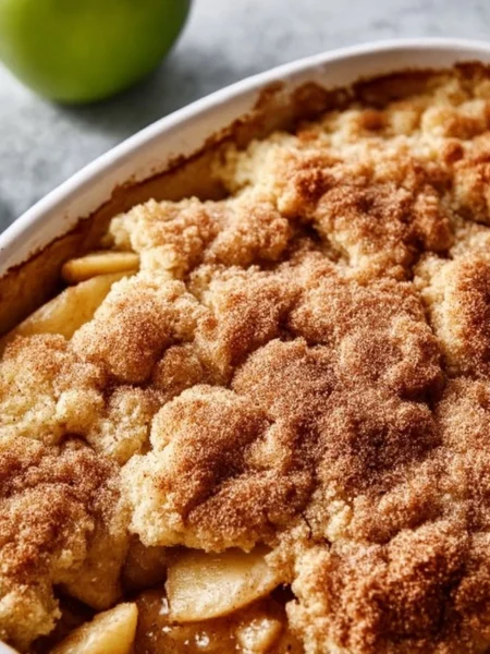 Delicious snickerdoodle apple cobbler topped with cinnamon and sugar