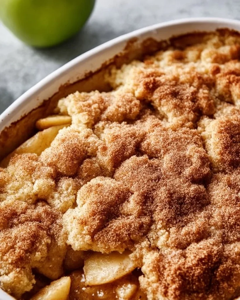 Delicious snickerdoodle apple cobbler topped with cinnamon and sugar