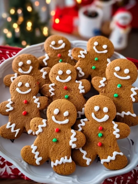 Freshly baked soft and chewy gingerbread men cookies on a festive plate