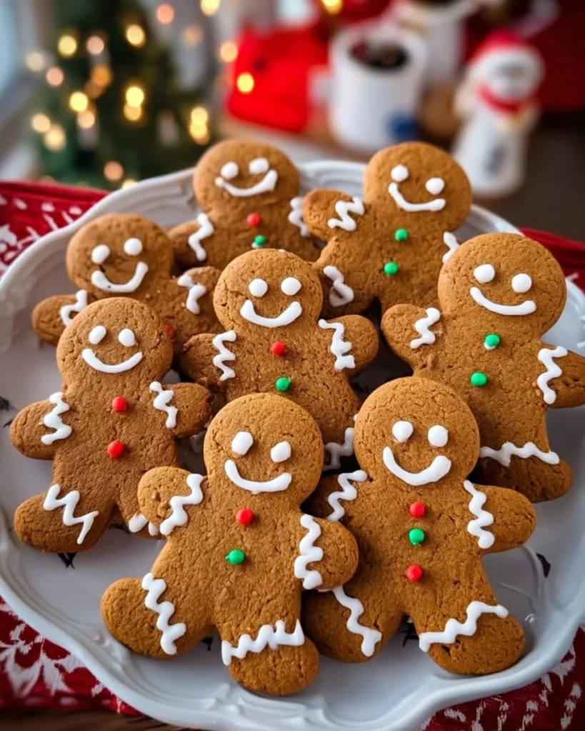 Freshly baked soft and chewy gingerbread men cookies on a festive plate