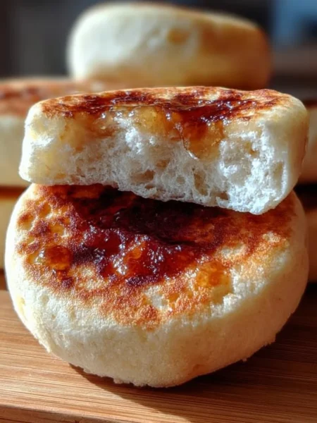 Golden sourdough discard English muffins fresh out of the oven