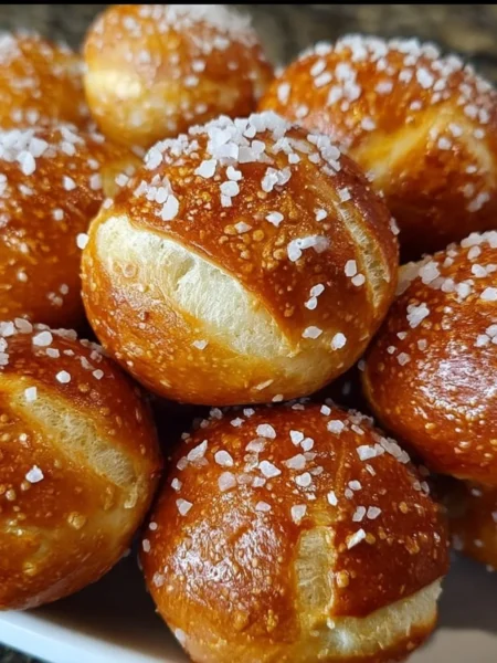 Freshly baked sourdough pretzel bites with a golden-brown crust and salt