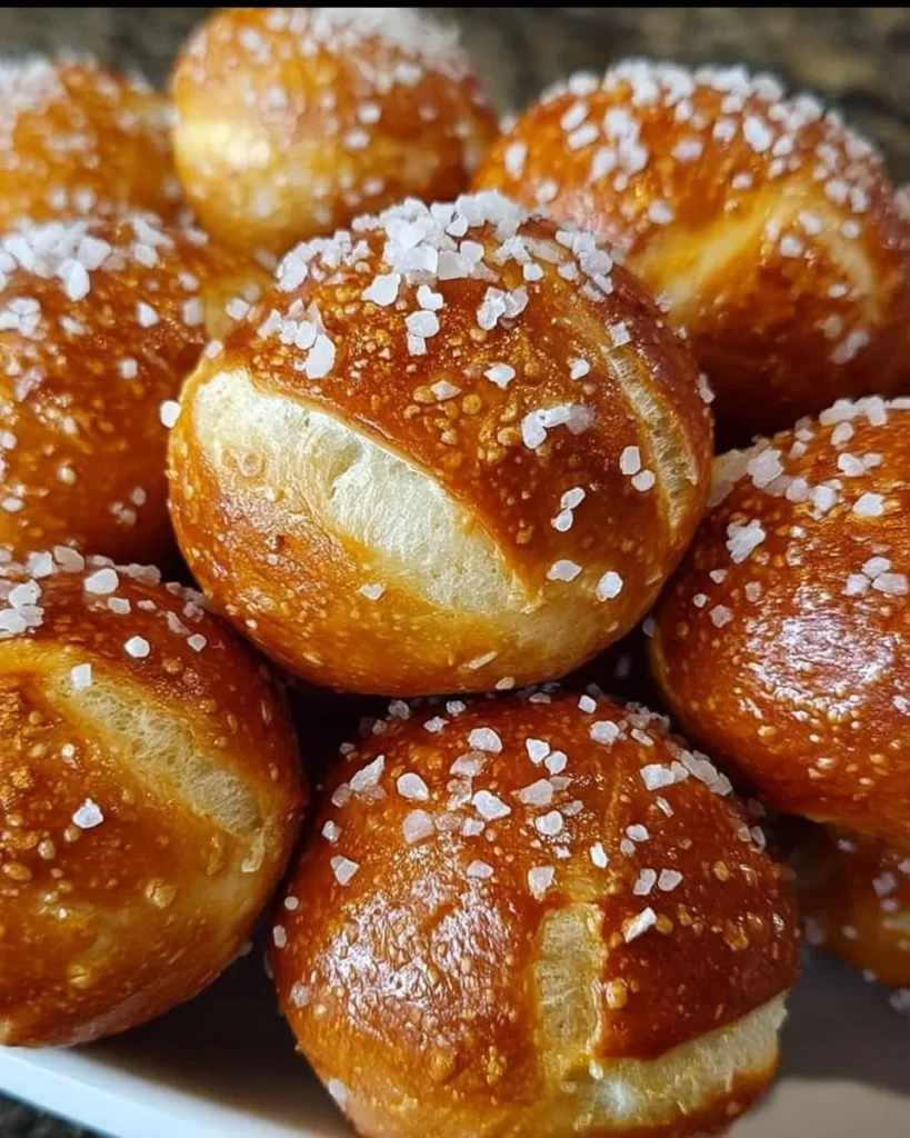 Freshly baked sourdough pretzel bites with a golden-brown crust and salt