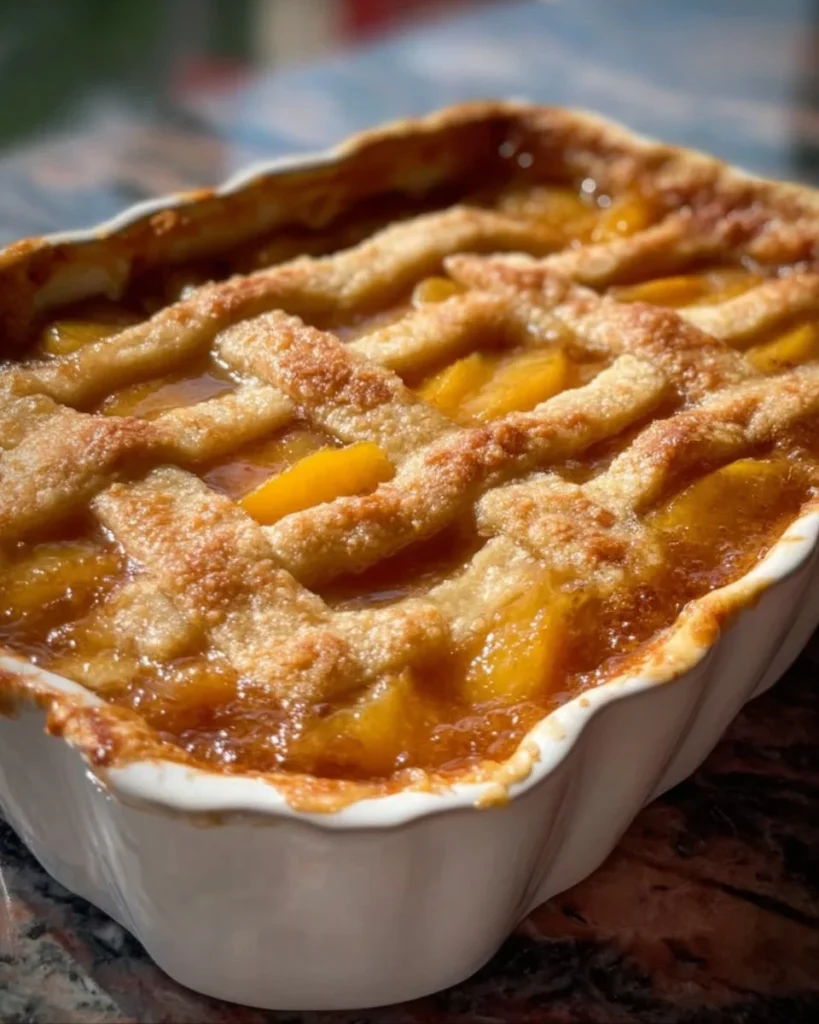Delicious Southern peach cobbler served warm with a scoop of vanilla ice cream