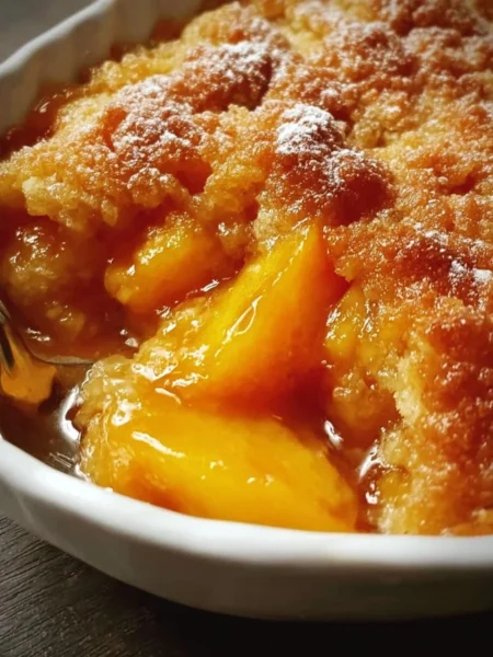 Delicious Southern-style peach cobbler fresh from the oven, served warm.