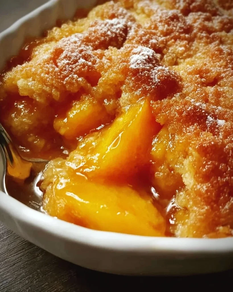 Delicious Southern-style peach cobbler fresh from the oven, served warm.