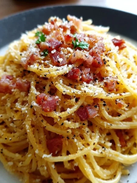 Plate of creamy Spaghetti Carbonara topped with cheese and parsley