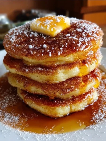 Delicious Spanish churro-inspired pancakes topped with chocolate sauce.