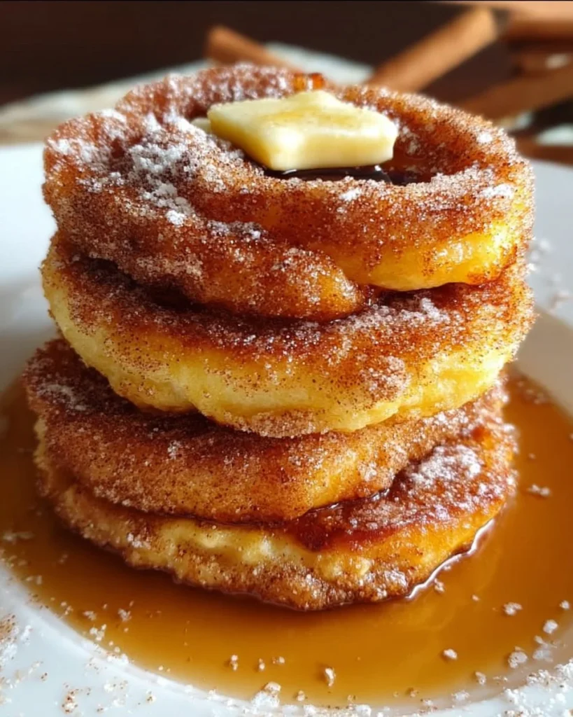Delicious Spanish churro-inspired pancakes topped with cinnamon sugar and chocolate sauce.