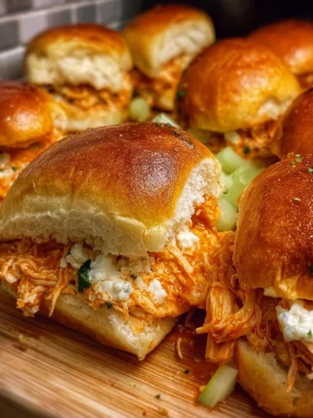 Spicy buffalo chicken sliders served on a platter with dipping sauce.