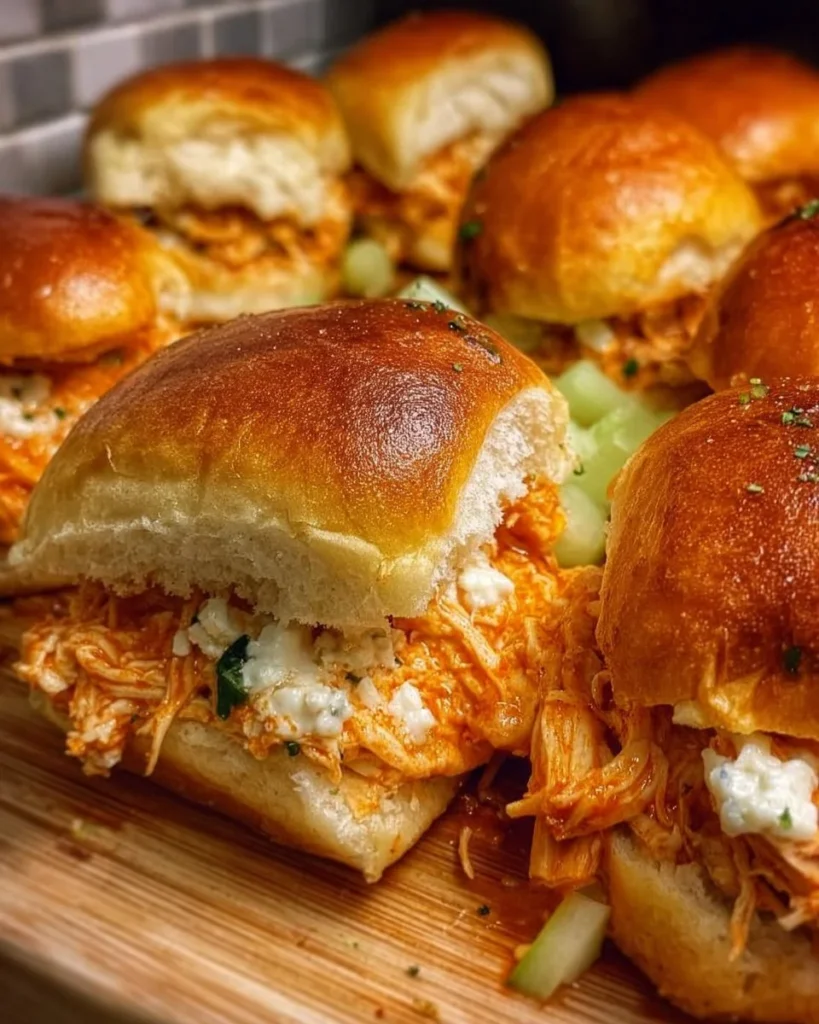 Spicy buffalo chicken sliders served on a platter with dipping sauce.