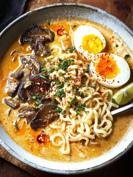 Bowl of spicy coconut curry ramen garnished with fresh herbs and chili flakes