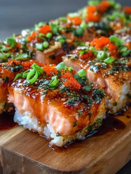Delicious spicy salmon sushi bake ready to serve in a baking dish.