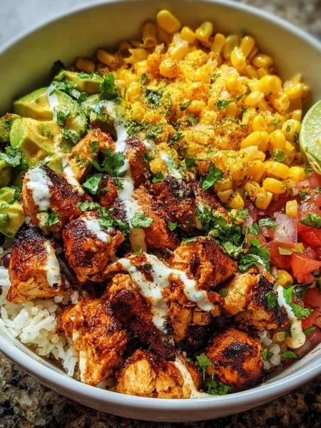 Delicious Street Corn Chicken Bowl topped with fresh ingredients and spices.