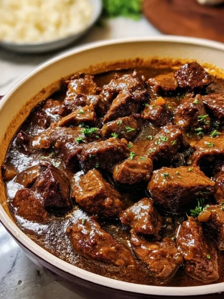 Tender beef tips in rich gravy ready to serve.