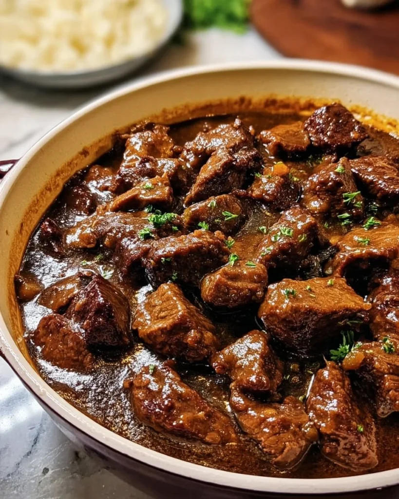 Tender beef tips in rich gravy ready to serve.