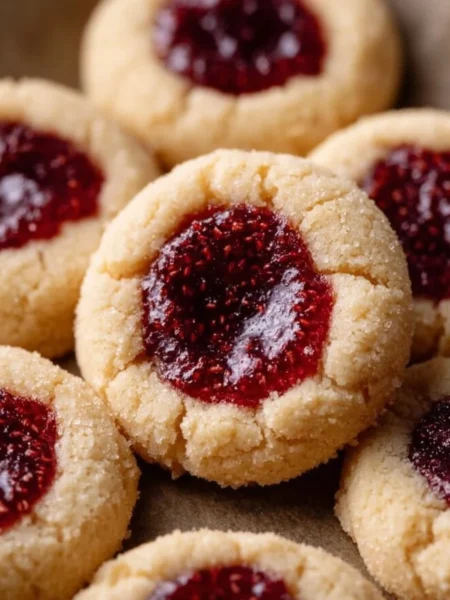 Freshly baked thumbprint cookies with jam filling on a plate