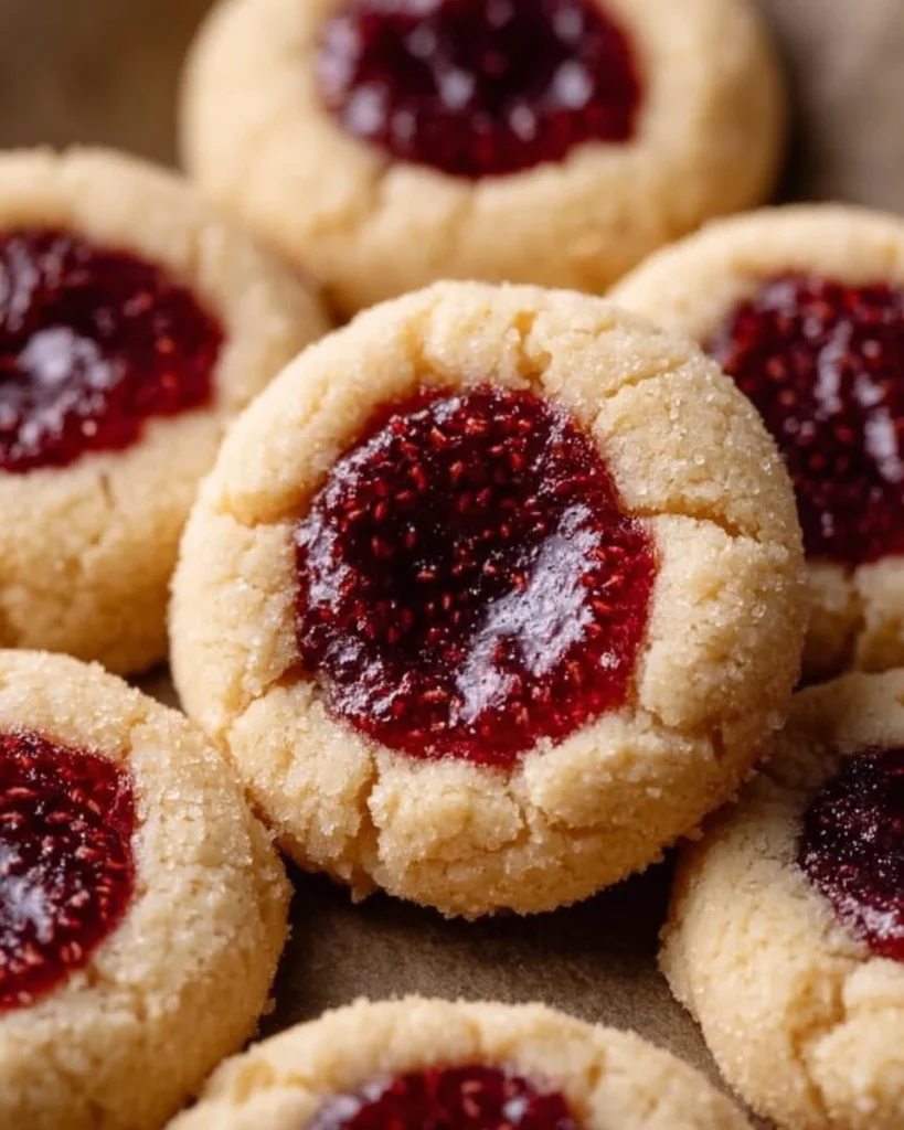 Freshly baked thumbprint cookies with jam filling on a plate
