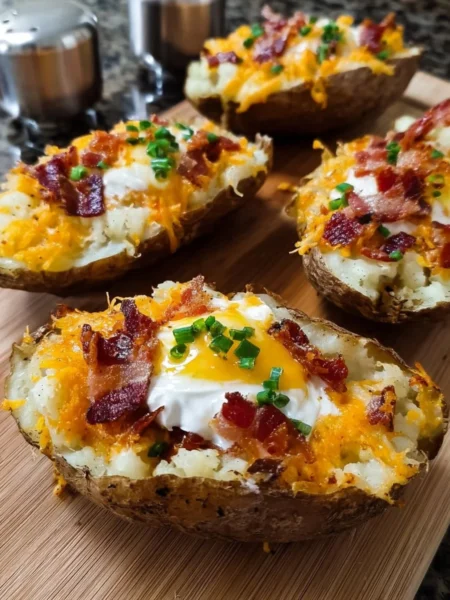 Delicious twice baked loaded breakfast potatoes topped with cheese and bacon
