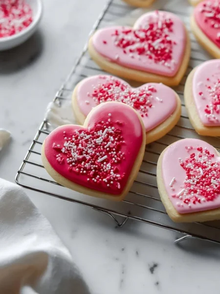 Valentine's Day themed sugar cookies in heart shapes decorated with icing