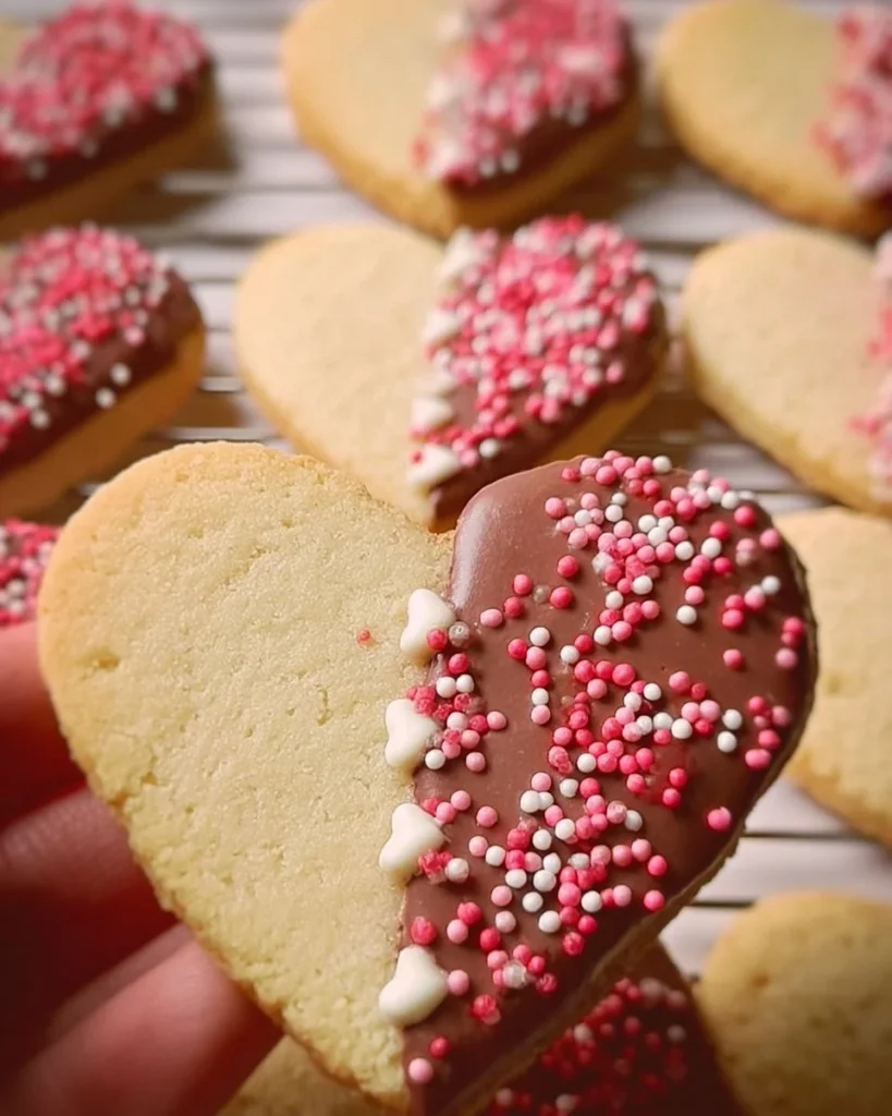 Delicious Valentine's Shortbread Hearts decorated with icing and sprinkles.