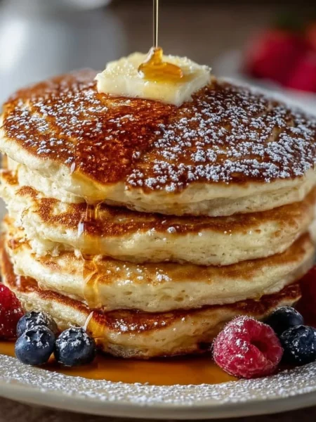 Fluffy vanilla cinnamon buttermilk pancakes stacked with syrup and berries