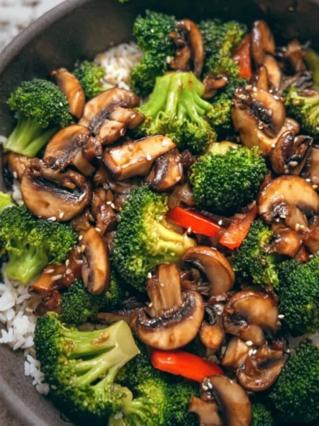 Vegan broccoli and mushroom stir fry served in a bowl with fresh vegetables