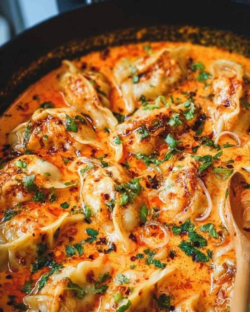 Viral baked dumplings served with red curry sauce on a plate