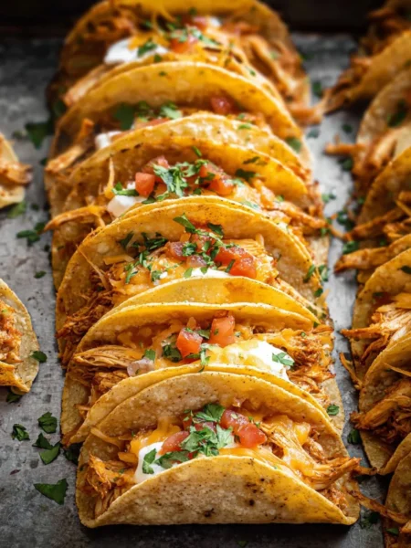 Delicious mini baked chicken tacos served on a plate ready to eat.