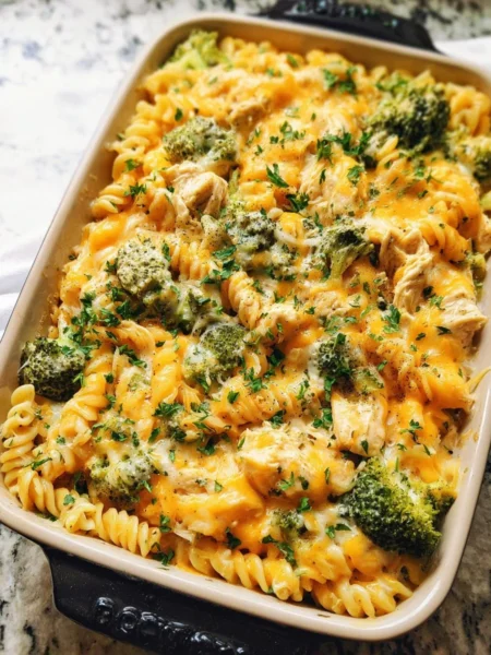 30 Minute Broccoli Cheddar Chicken Pasta Bake in a casserole dish