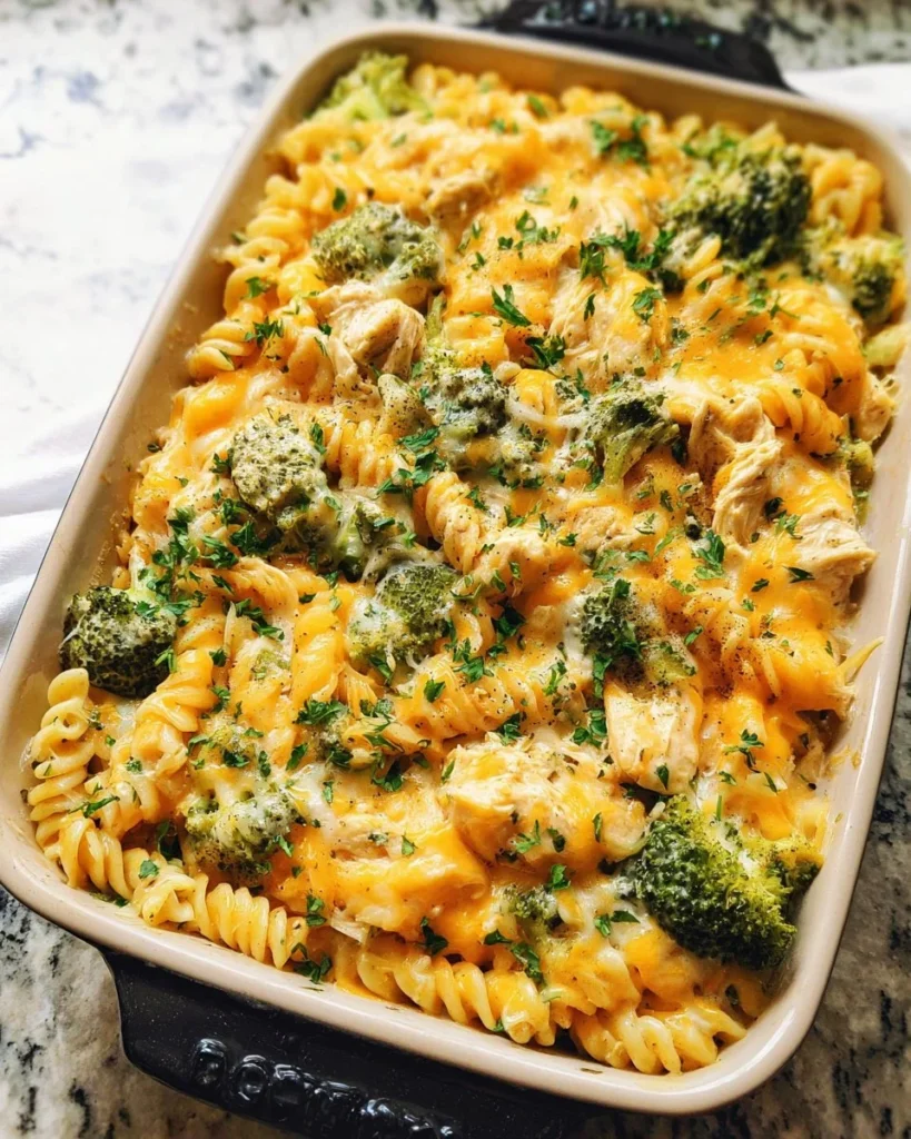 30 Minute Broccoli Cheddar Chicken Pasta Bake in a casserole dish