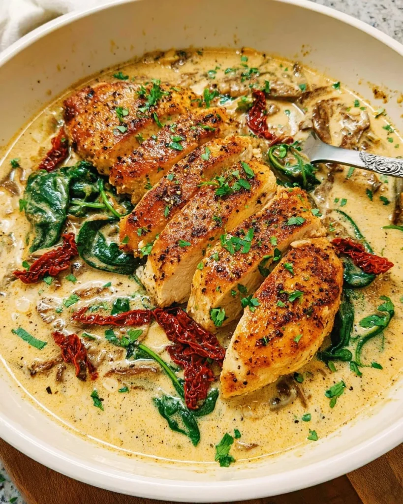 Delicious creamy Tuscan chicken served on a plate with fresh basil