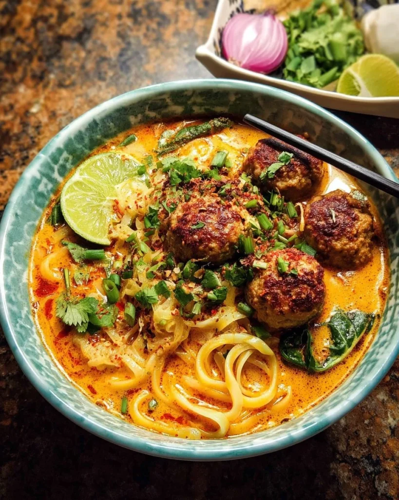 Bowl of Thai Chicken Meatball Khao Soi garnished with fresh herbs and lime