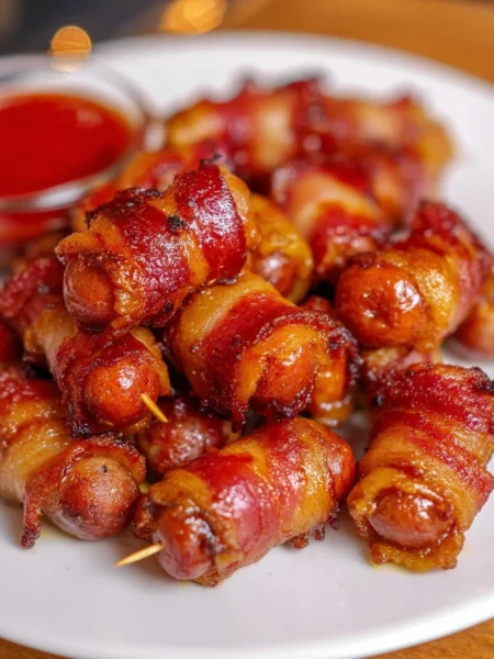 Plate of crispy air fryer bacon-wrapped smokies served as a party appetizer