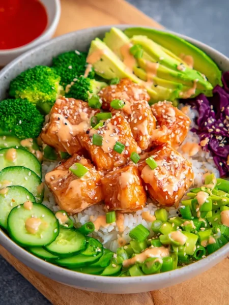 Air Fryer Bang Bang Salmon Bowls with fresh ingredients and vibrant colors.