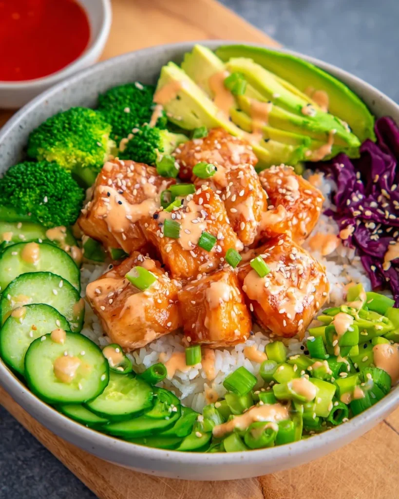 Air Fryer Bang Bang Salmon Bowls with fresh ingredients and vibrant colors.
